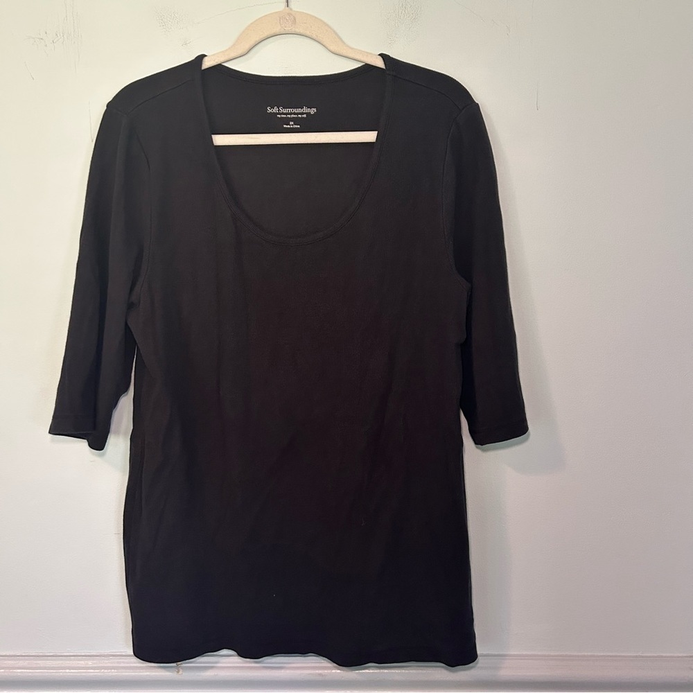 Soft Surroundings Black Ribbed 3/4 Sleeve Scoop Neck Blouse Size 2X